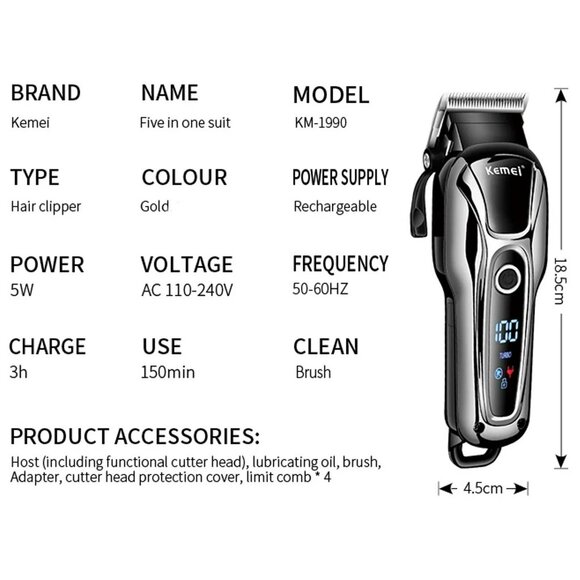 Kemei KM-1990 Men's Hair Trimmer Professional Barber Turbo Hair Cutting Machine - Picture 4 of 6